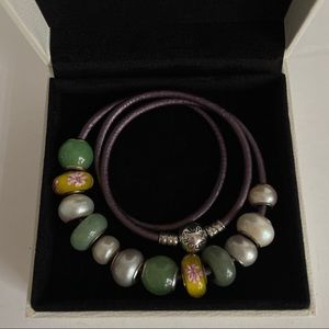 Pandora Purple Leather Double/Triple Bracelet with 12 Charms